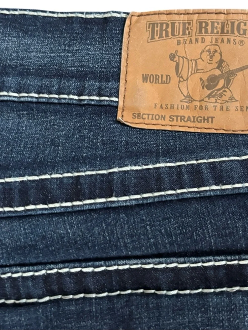 True Religion Mens Straight Flap Natural Big T Jean Sz 42X33 Dark Wash Stretch